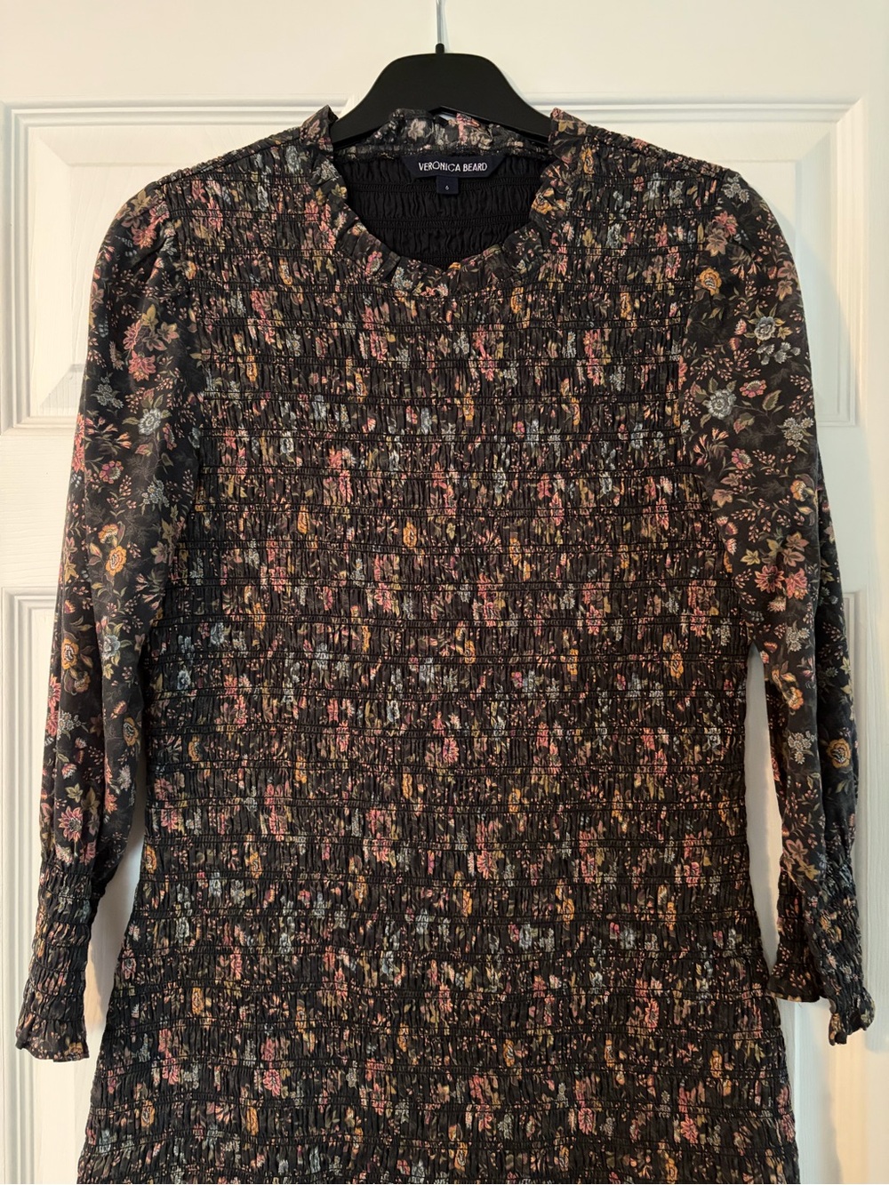 Veronica Beard Farha Floral Smocked Minidress, “Vintage” Black Floral (Size 6)